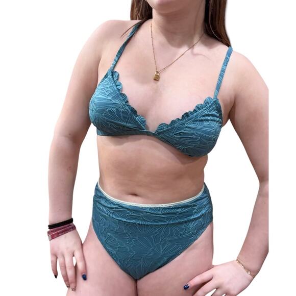 NEW Cupshe SWIMSUIT Women's BIKINI Set MED Scalloped Cross Back High Waist Green - Picture 3 of 15